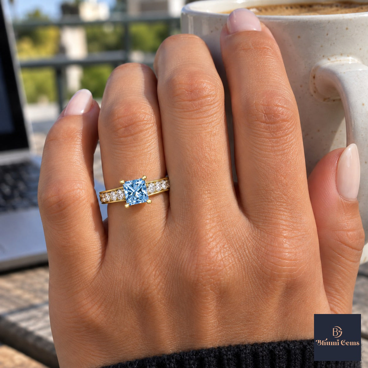 Blue Princess Cut Lab Grown Diamond Engagement Ring - Pave Band in yellow gold, on the hand