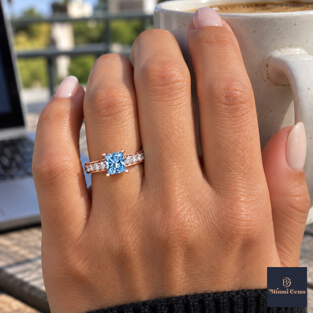 Blue Princess Cut Lab Grown Diamond Engagement Ring - Pave Band in rose gold, on the hand