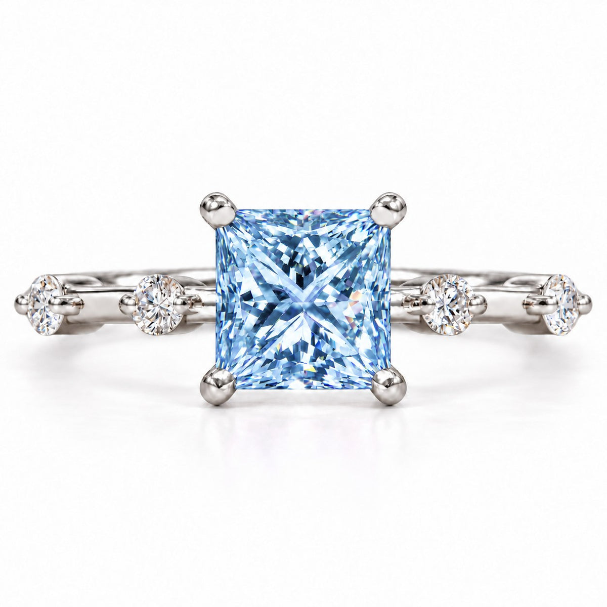 Blue Princess Cut Lab Grown Diamond Engagement Ring - Station Band in white gold, front view