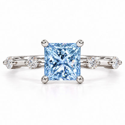 Blue Princess Cut Lab Grown Diamond Engagement Ring - Station Band in white gold, front view
