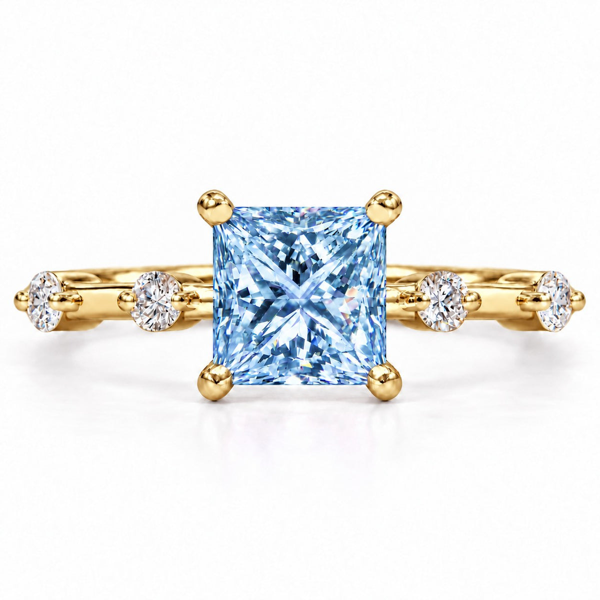 Blue Princess Cut Lab Grown Diamond Engagement Ring - Station Band in yellow gold, front view