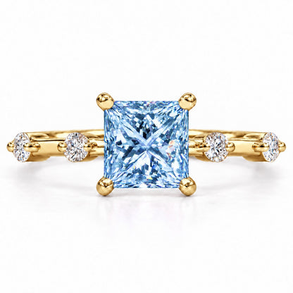 Blue Princess Cut Lab Grown Diamond Engagement Ring - Station Band in yellow gold, front view