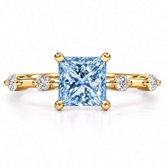 Blue Princess Cut Lab Grown Diamond Engagement Ring - Station Band in yellow gold, front view
