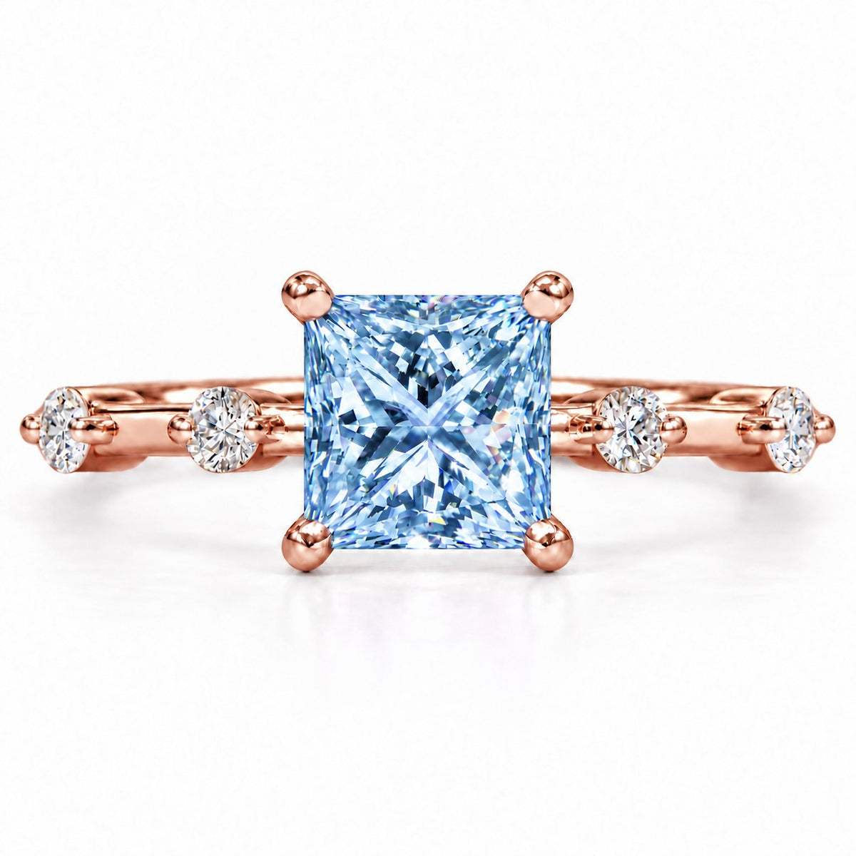 Blue Princess Cut Lab Grown Diamond Engagement Ring - Station Band in rose gold, front view