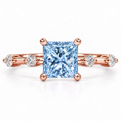 Blue Princess Cut Lab Grown Diamond Engagement Ring - Station Band in rose gold, front view