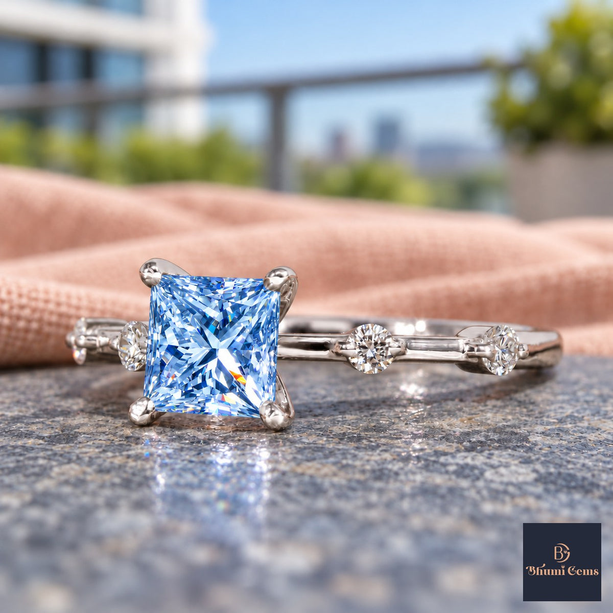 Blue Princess Cut Lab Grown Diamond Engagement Ring - Station Band in white gold, close-up