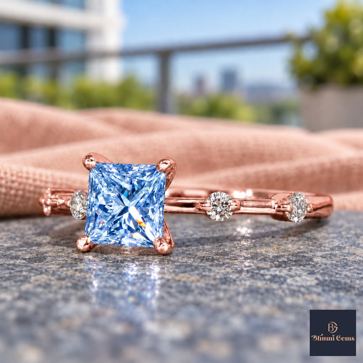 Blue Princess Cut Lab Grown Diamond Engagement Ring - Station Band in rose gold, close-up