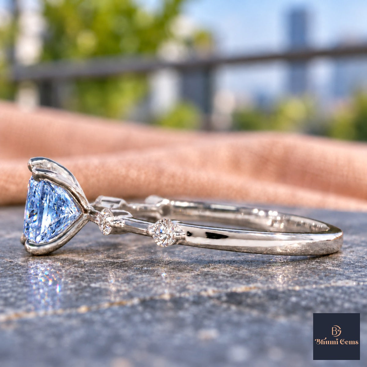 Blue Princess Cut Lab Grown Diamond Engagement Ring - Station Band in white gold, side view