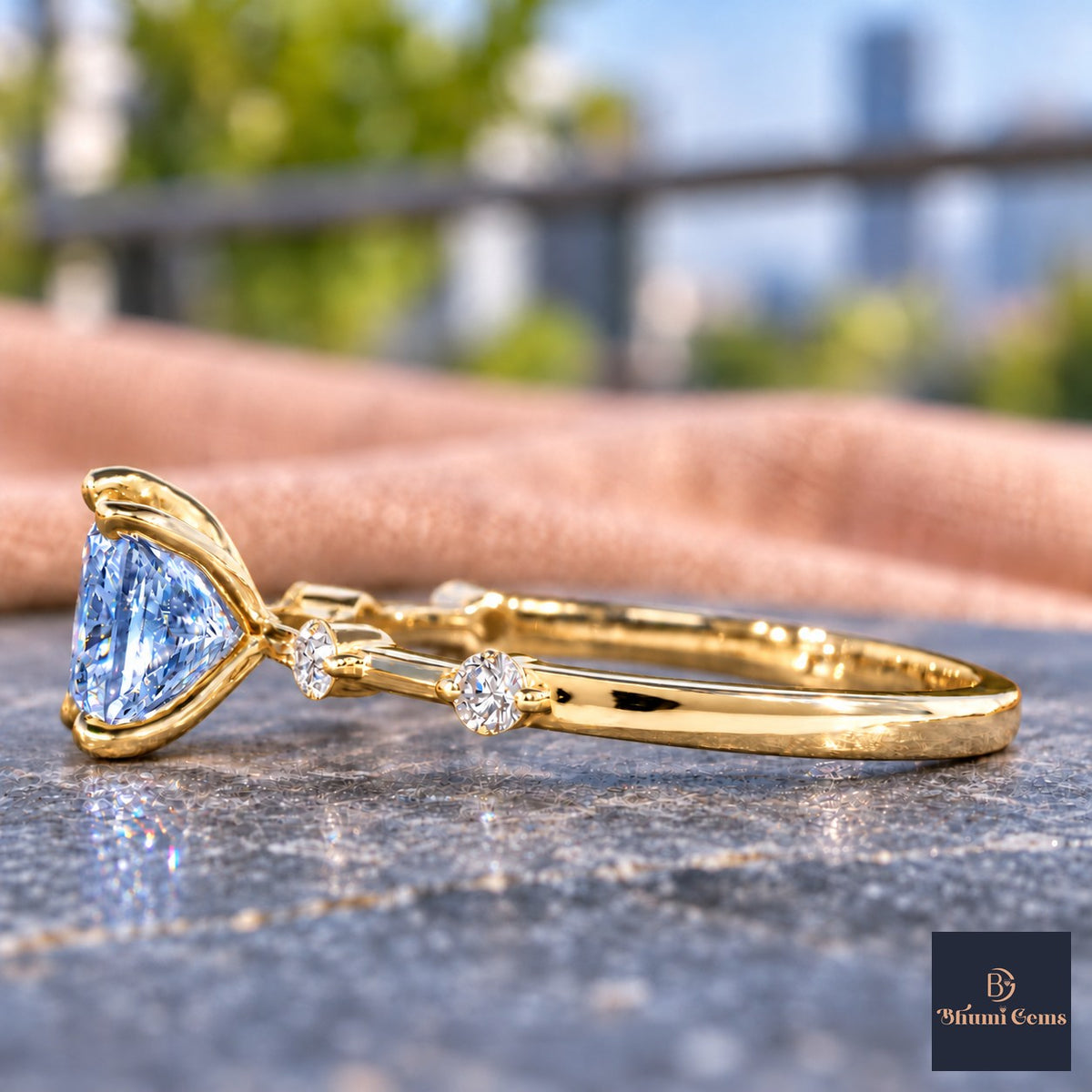 Blue Princess Cut Lab Grown Diamond Engagement Ring - Station Band in yellow gold, side view
