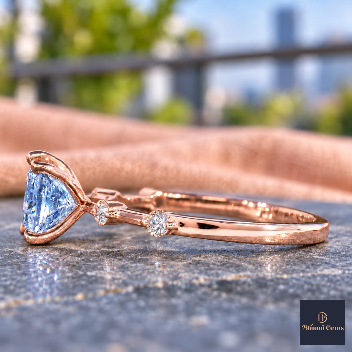 Blue Princess Cut Lab Grown Diamond Engagement Ring - Station Band in rose gold, side view