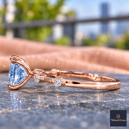 Blue Princess Cut Lab Grown Diamond Engagement Ring - Station Band in rose gold, side view