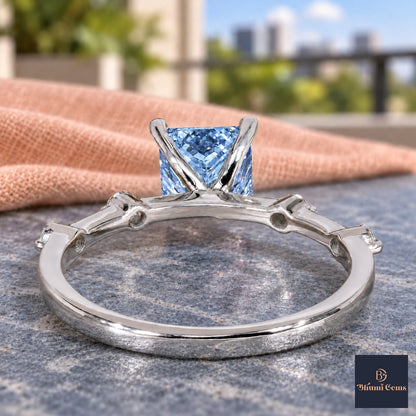 Blue Princess Cut Lab Grown Diamond Engagement Ring - Station Band in white gold, gallery view