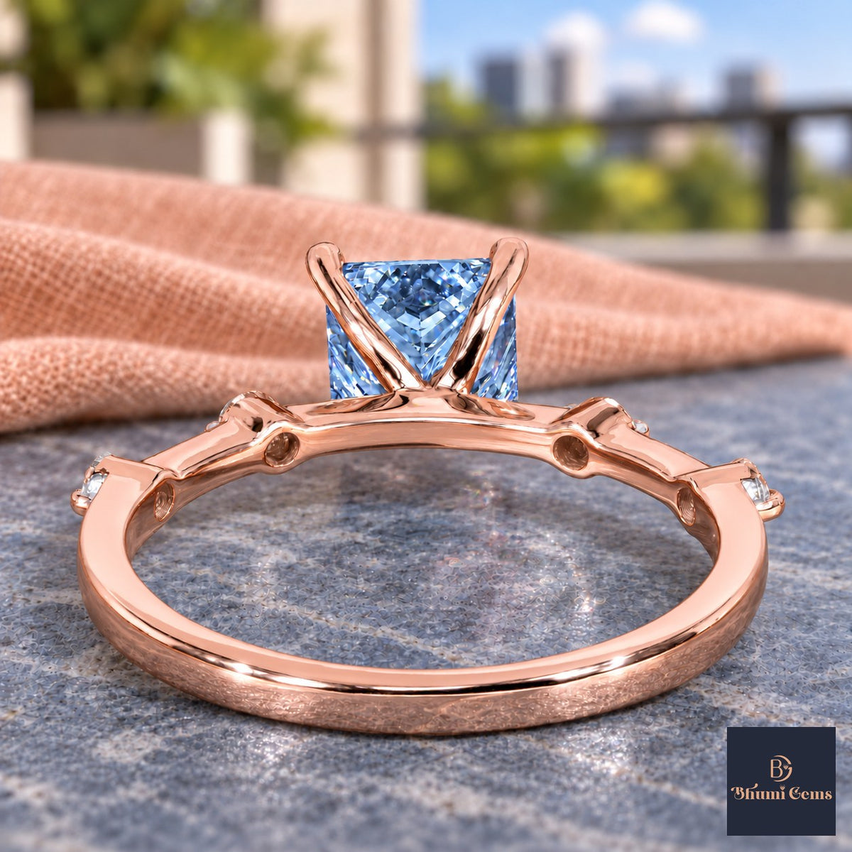 Blue Princess Cut Lab Grown Diamond Engagement Ring - Station Band in rose gold, gallery view