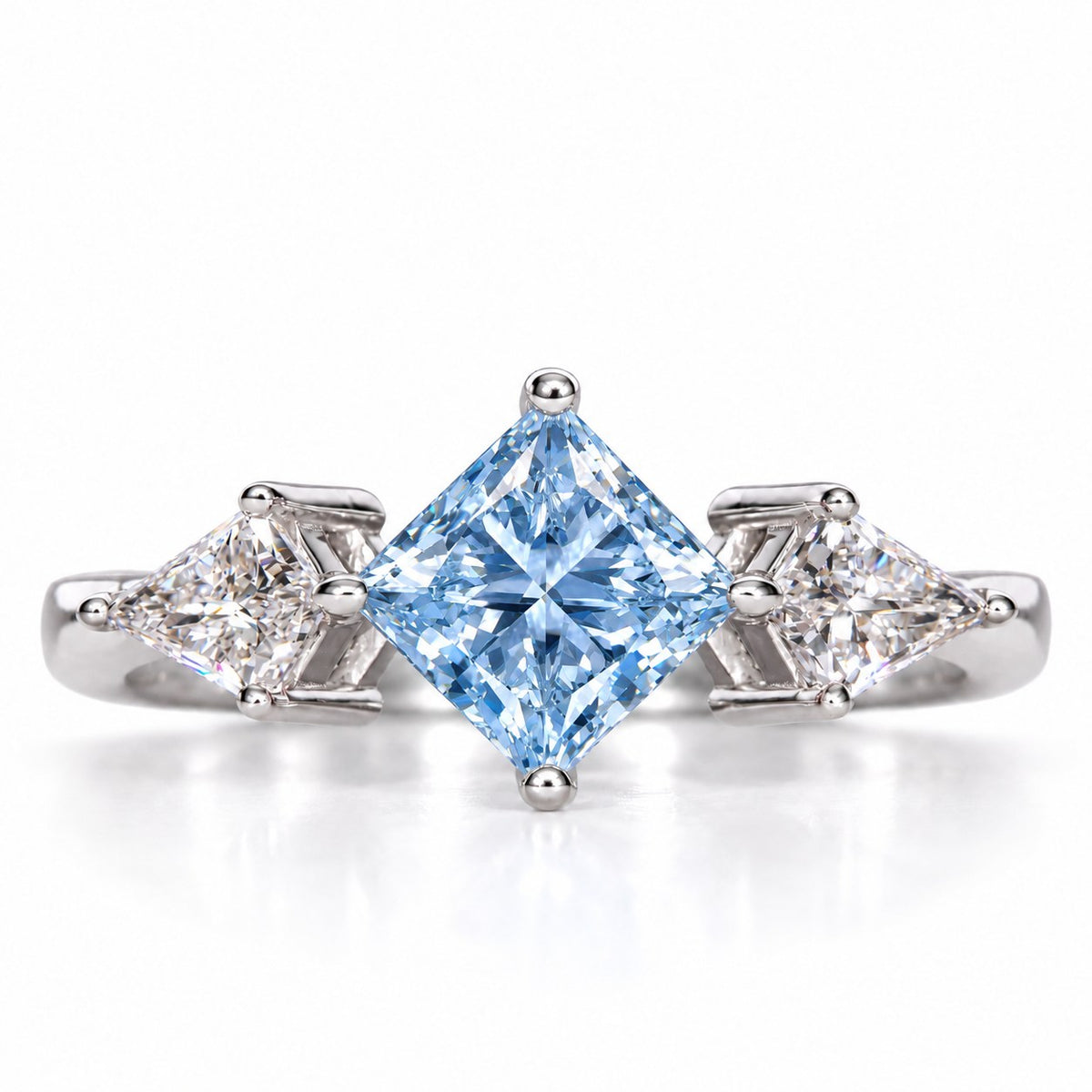 Blue Princess Cut Lab Grown Diamond Engagement Ring - Trillion Three Stone in white gold, front view