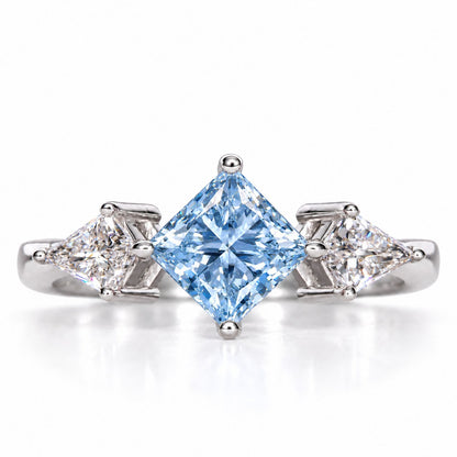 Blue Princess Cut Lab Grown Diamond Engagement Ring - Trillion Three Stone in white gold, front view