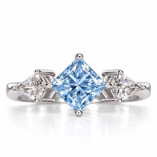 Blue Princess Cut Lab Grown Diamond Engagement Ring - Trillion Three Stone in white gold, front view