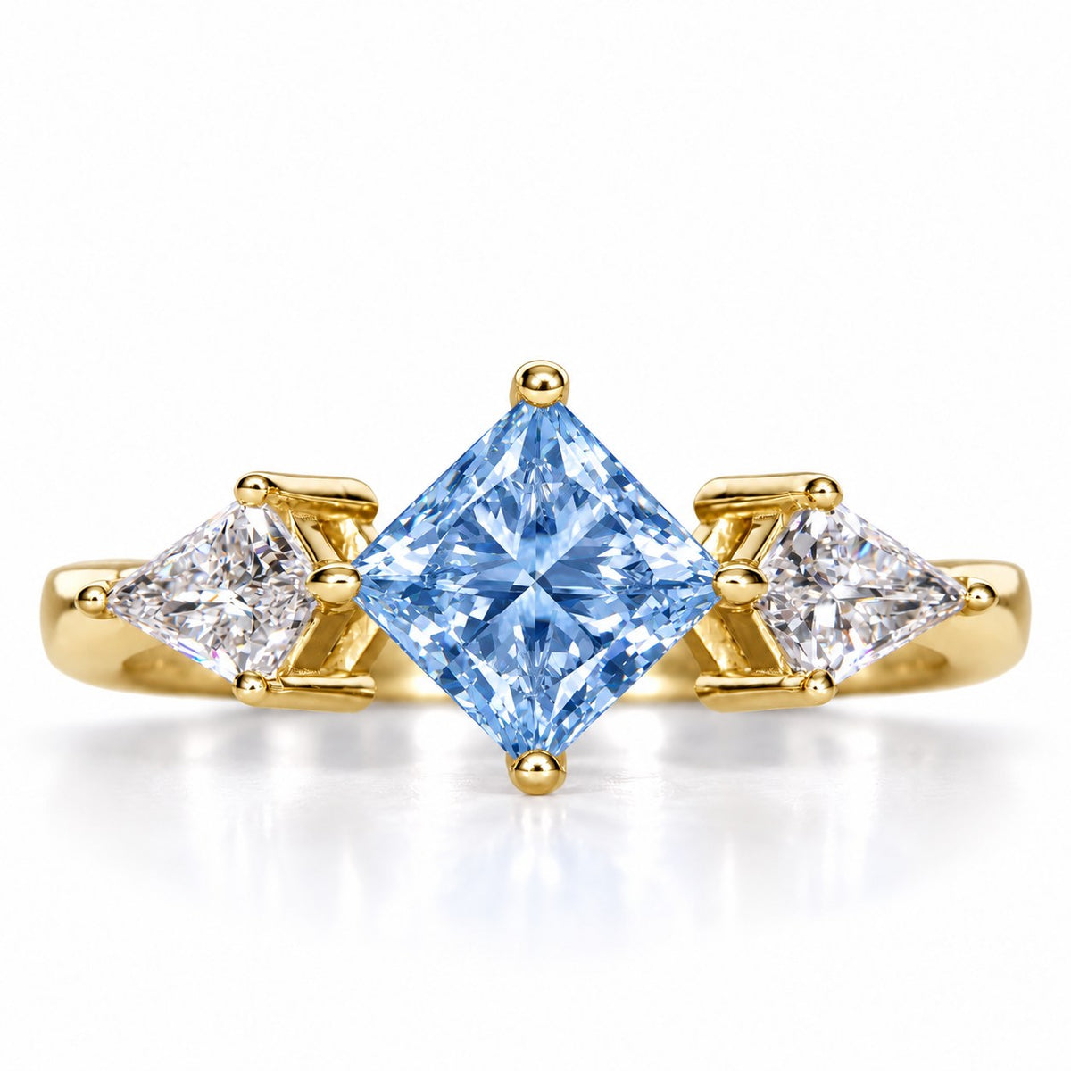 Blue Princess Cut Lab Grown Diamond Engagement Ring - Trillion Three Stone in yellow gold, front view
