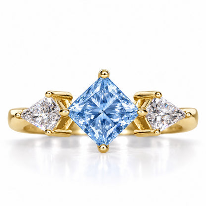 Blue Princess Cut Lab Grown Diamond Engagement Ring - Trillion Three Stone in yellow gold, front view