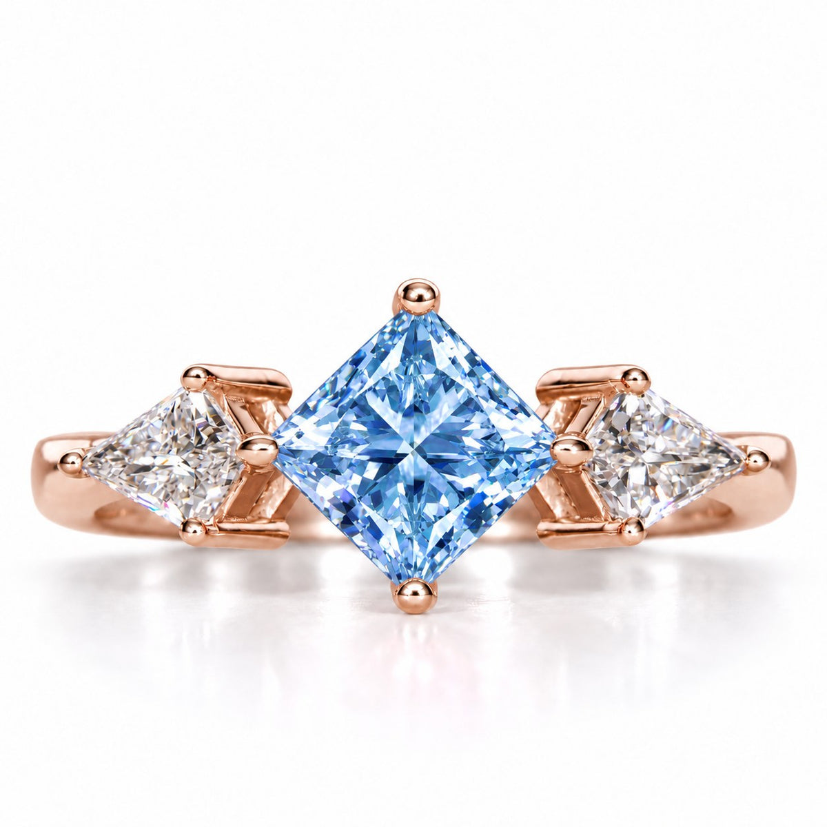 Blue Princess Cut Lab Grown Diamond Engagement Ring - Trillion Three Stone in rose gold, front view