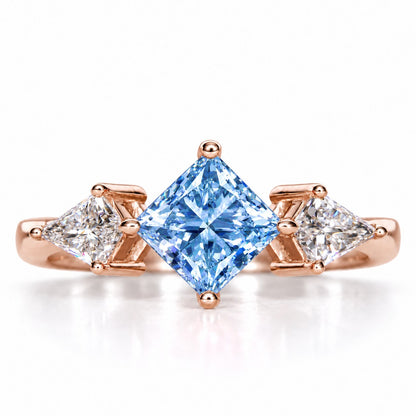 Blue Princess Cut Lab Grown Diamond Engagement Ring - Trillion Three Stone in rose gold, front view
