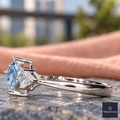 Blue Princess Cut Lab Grown Diamond Engagement Ring - Trillion Three Stone in white gold, side view