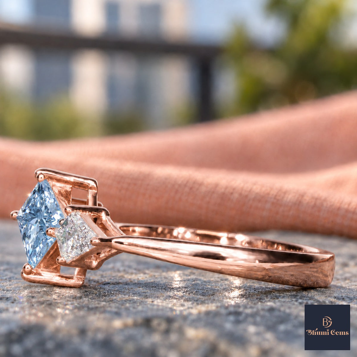 Blue Princess Cut Lab Grown Diamond Engagement Ring - Trillion Three Stone in rose gold, side view
