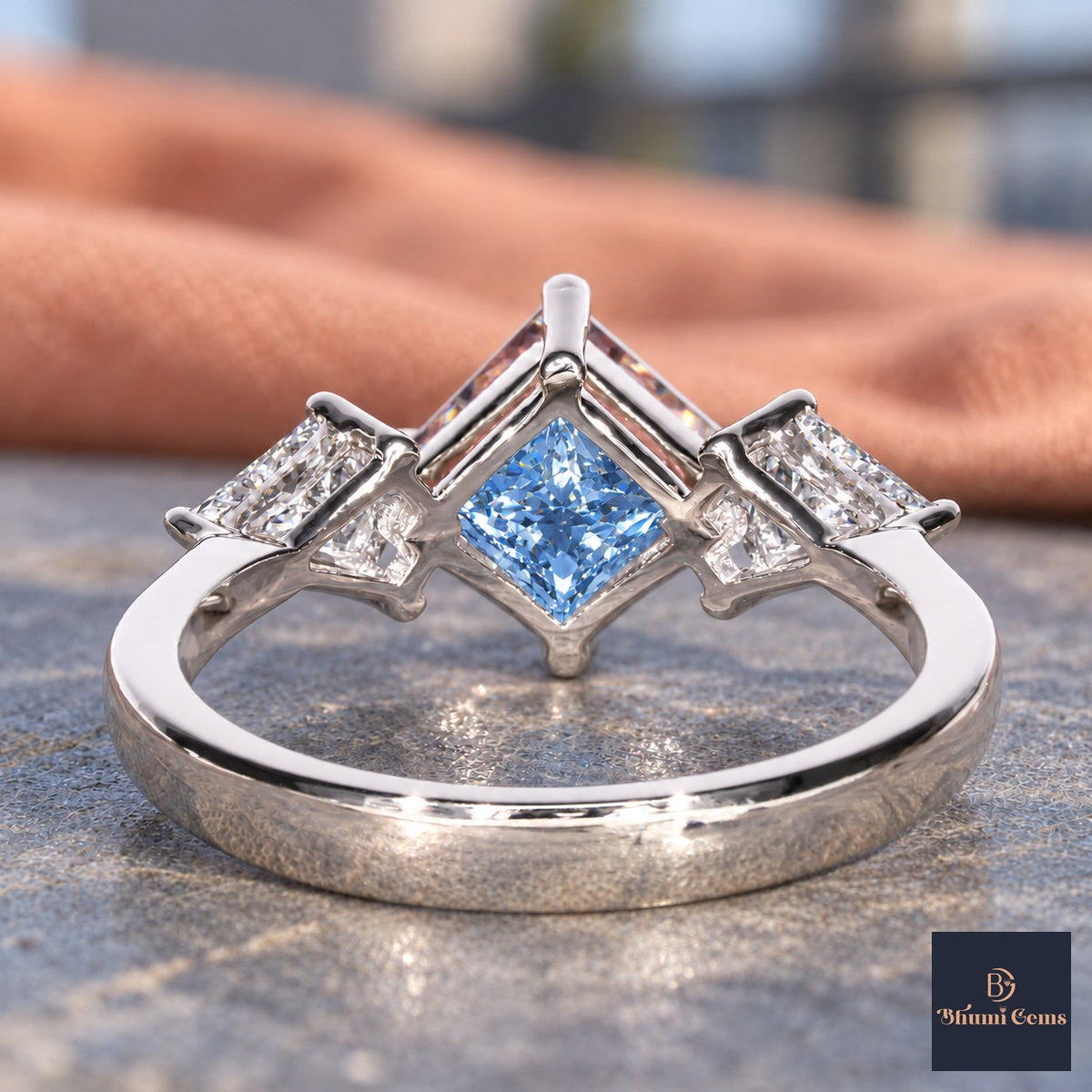 Blue Princess Cut Lab Grown Diamond Engagement Ring - Trillion Three Stone in white gold, gallery view