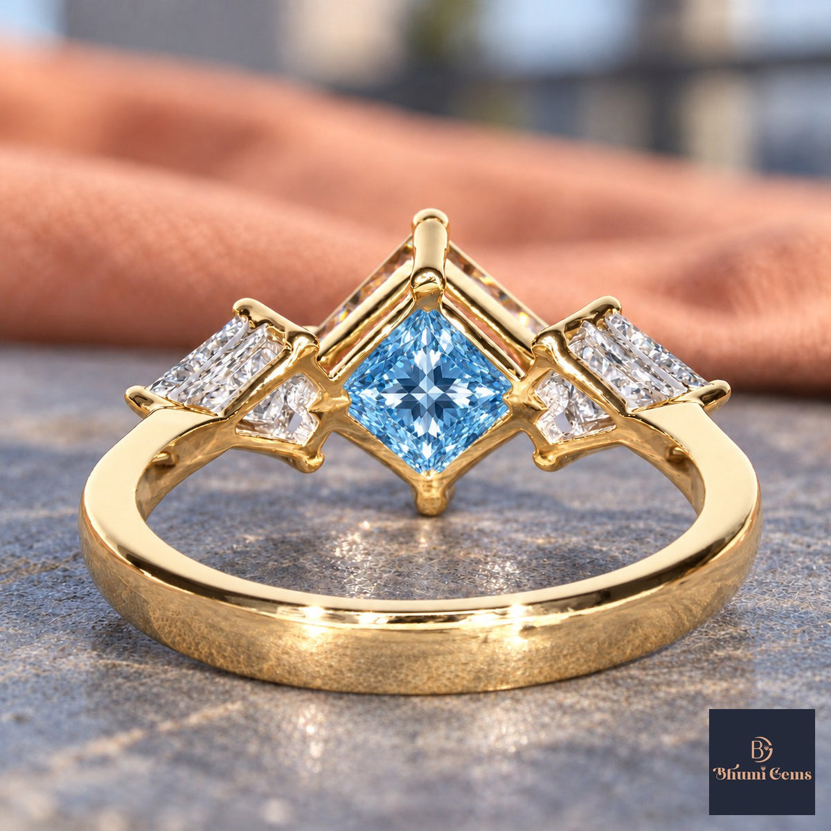 Blue Princess Cut Lab Grown Diamond Engagement Ring - Trillion Three Stone in yellow gold, gallery view