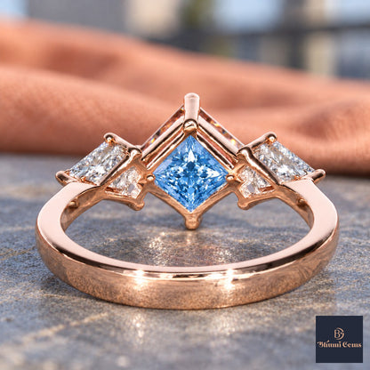Blue Princess Cut Lab Grown Diamond Engagement Ring - Trillion Three Stone in rose gold, gallery view