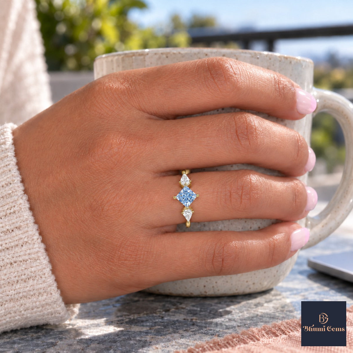 Blue Princess Cut Lab Grown Diamond Engagement Ring - Trillion Three Stone in yellow gold, on the hand