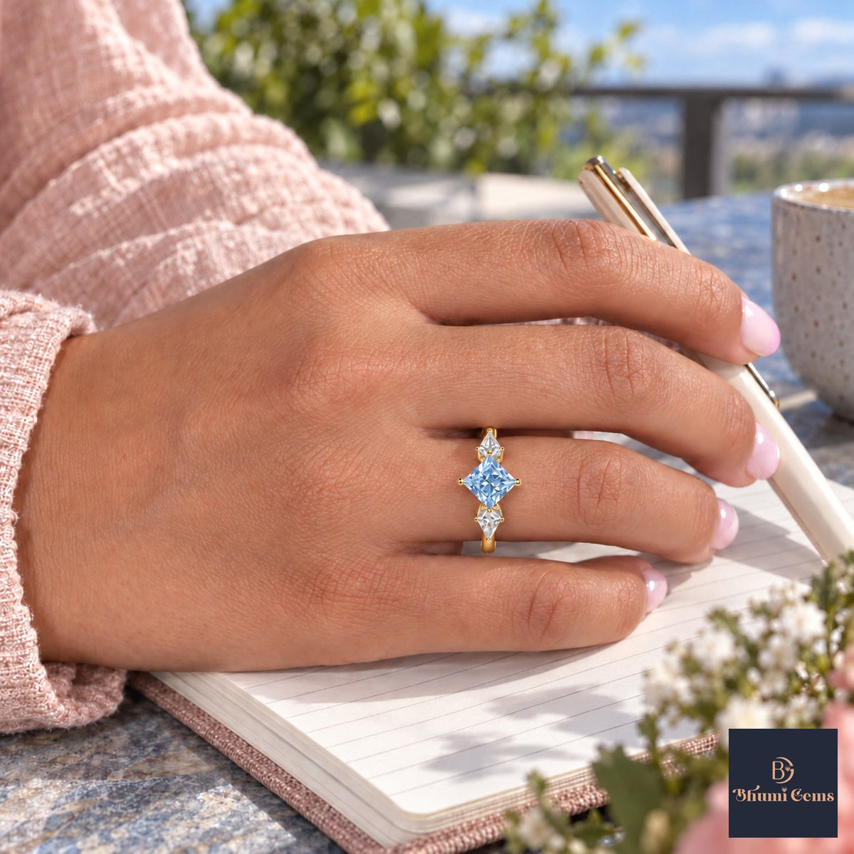 Blue Princess Cut Lab Grown Diamond Engagement Ring - Trillion Three Stone in yellow gold, worn on the hand