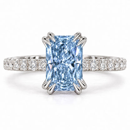 Blue Radiant Cut Lab Grown Diamond Engagement Ring - Cathedral Pave Band in white gold, front view