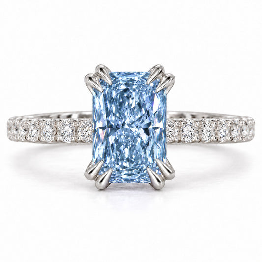 Blue Radiant Cut Lab Grown Diamond Engagement Ring - Cathedral Pave Band in white gold, front view