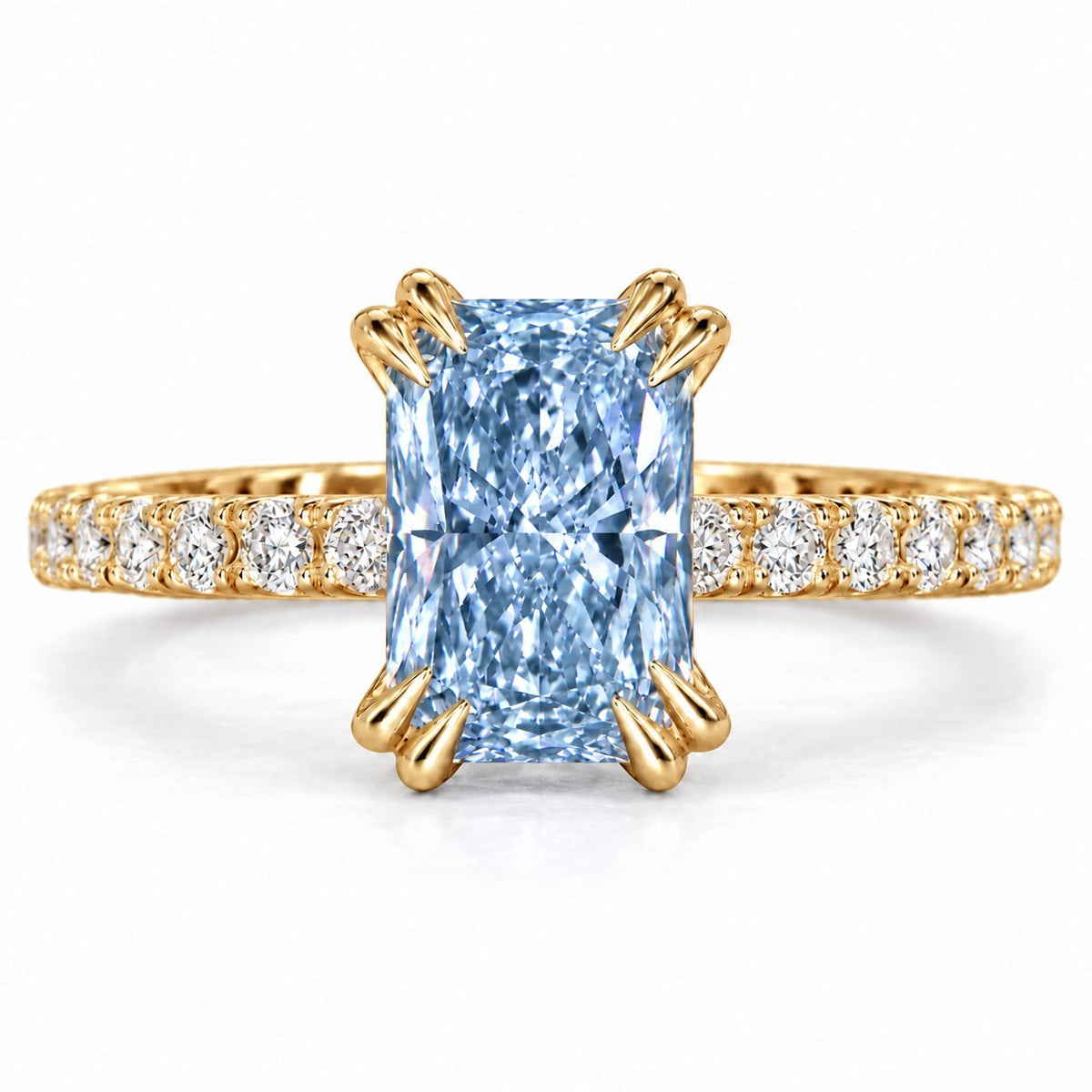 Blue Radiant Cut Lab Grown Diamond Engagement Ring - Cathedral Pave Band in yellow gold, front view
