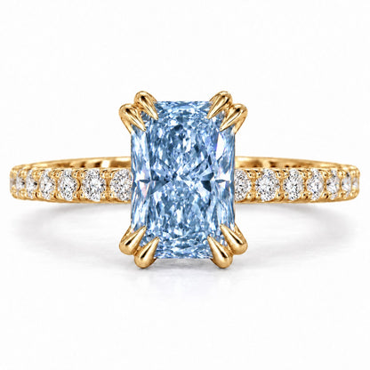 Blue Radiant Cut Lab Grown Diamond Engagement Ring - Cathedral Pave Band in yellow gold, front view