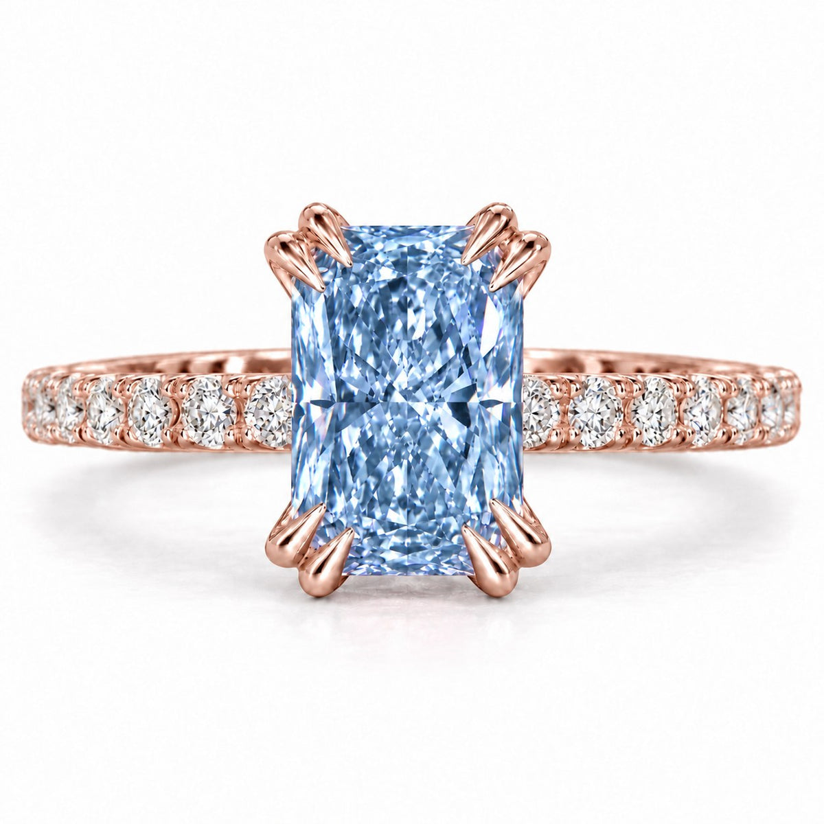 Blue Radiant Cut Lab Grown Diamond Engagement Ring - Cathedral Pave Band in rose gold, front view