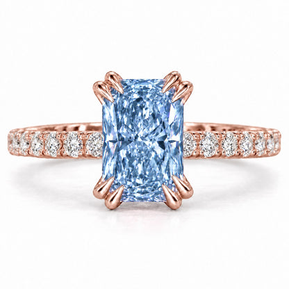 Blue Radiant Cut Lab Grown Diamond Engagement Ring - Cathedral Pave Band in rose gold, front view