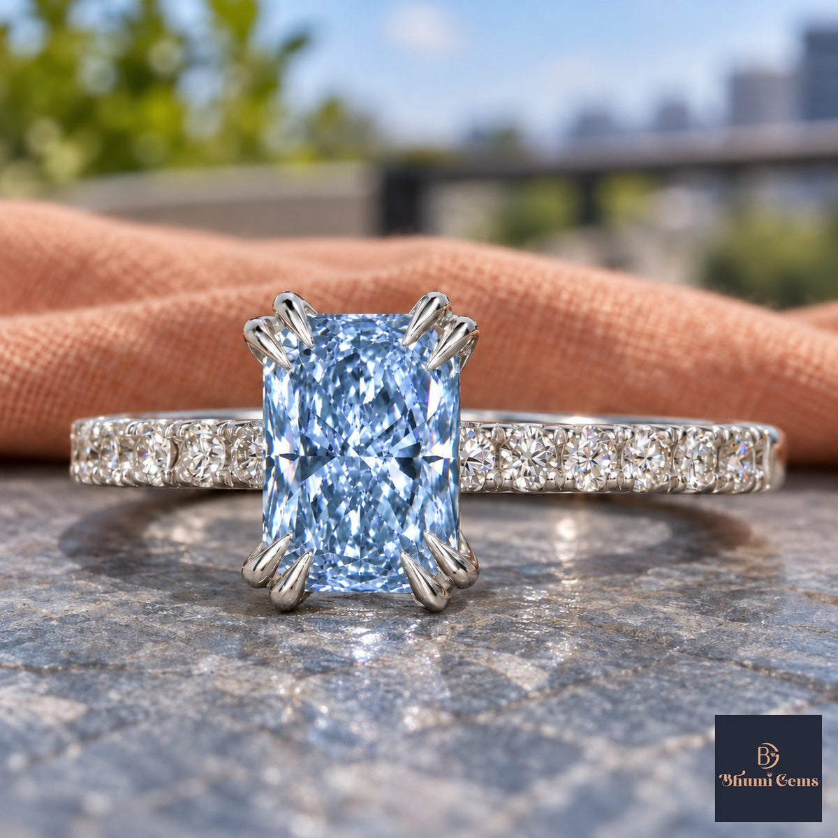 Blue Radiant Cut Lab Grown Diamond Engagement Ring - Cathedral Pave Band in white gold, close-up