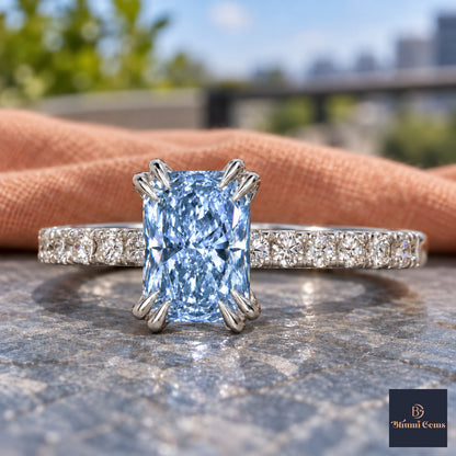 Blue Radiant Cut Lab Grown Diamond Engagement Ring - Cathedral Pave Band in white gold, close-up