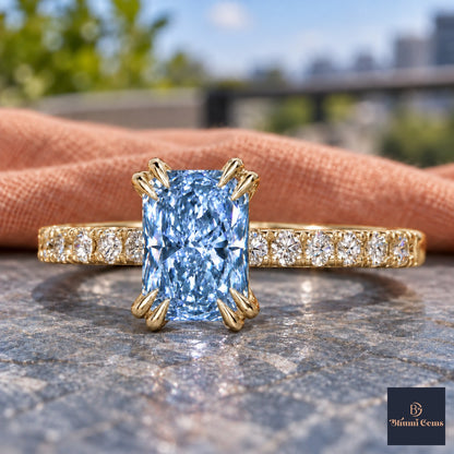 Blue Radiant Cut Lab Grown Diamond Engagement Ring - Cathedral Pave Band in yellow gold, close-up