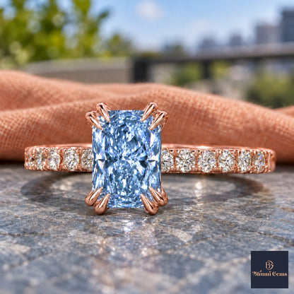 Blue Radiant Cut Lab Grown Diamond Engagement Ring - Cathedral Pave Band in rose gold, close-up