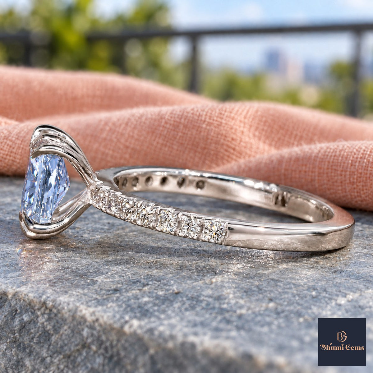 Blue Radiant Cut Lab Grown Diamond Engagement Ring - Cathedral Pave Band in white gold, side view