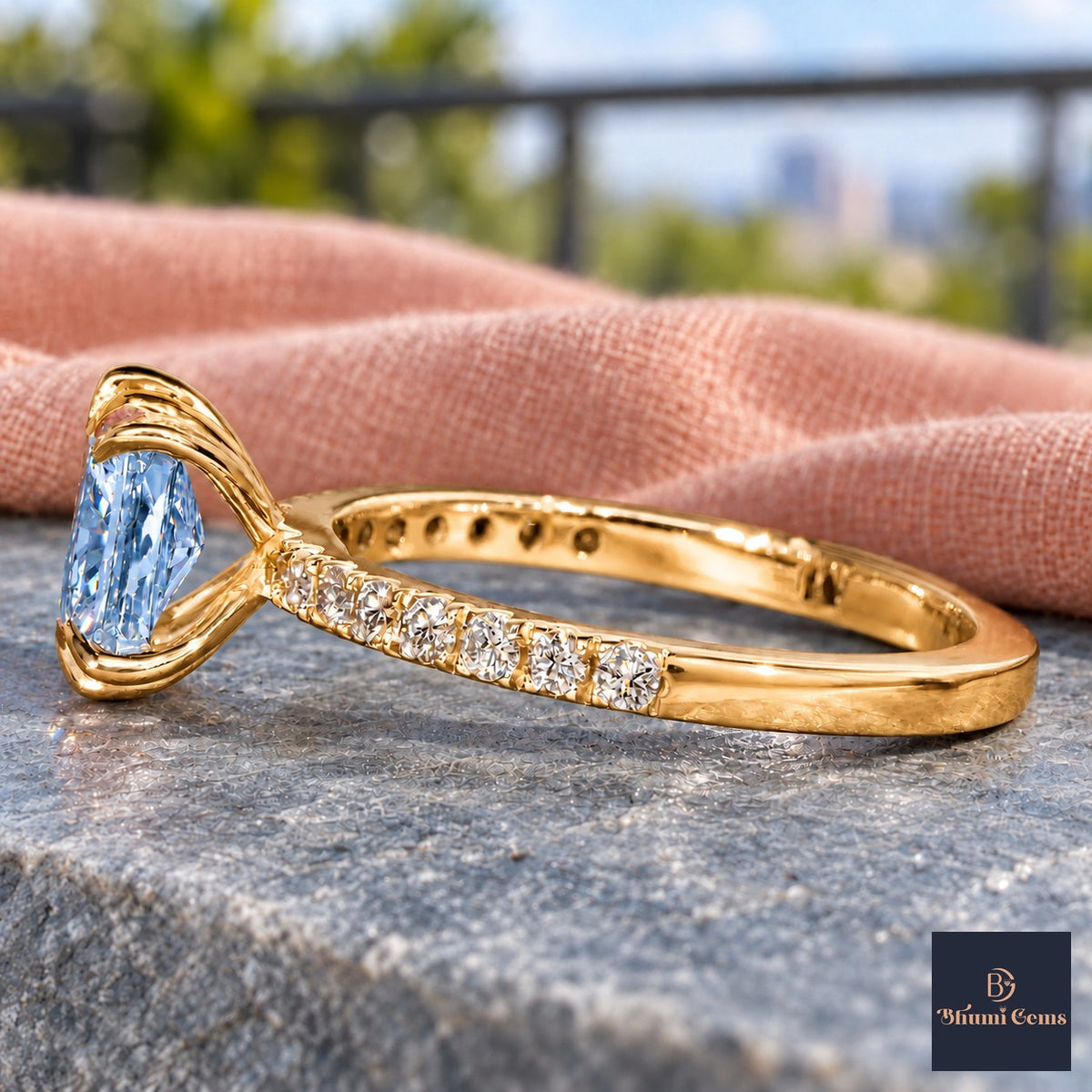Blue Radiant Cut Lab Grown Diamond Engagement Ring - Cathedral Pave Band in yellow gold, side view