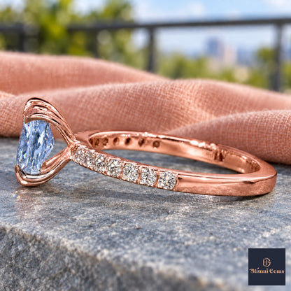 Blue Radiant Cut Lab Grown Diamond Engagement Ring - Cathedral Pave Band in rose gold, side view