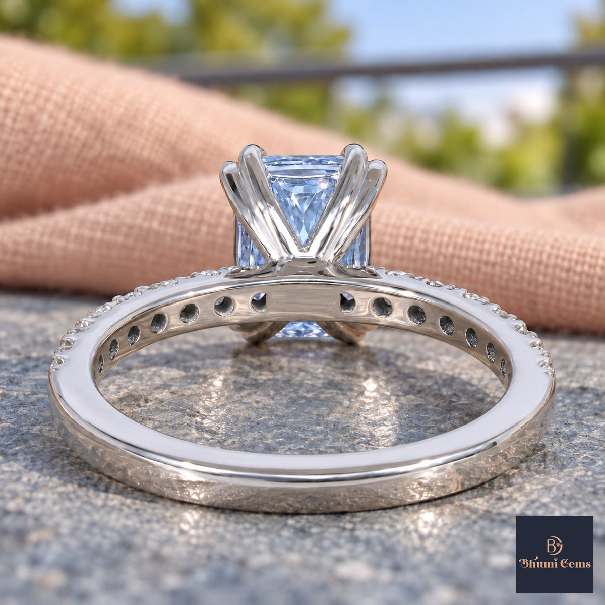 Blue Radiant Cut Lab Grown Diamond Engagement Ring - Cathedral Pave Band in white gold, gallery view