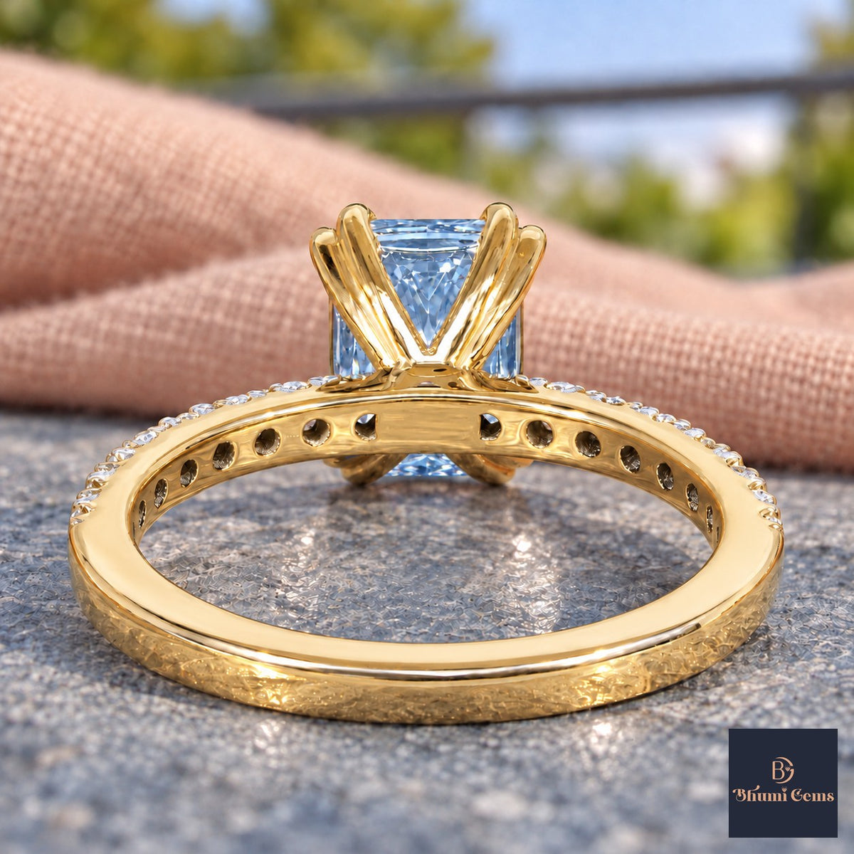 Blue Radiant Cut Lab Grown Diamond Engagement Ring - Cathedral Pave Band in yellow gold, gallery view