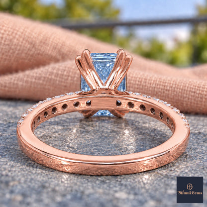 Blue Radiant Cut Lab Grown Diamond Engagement Ring - Cathedral Pave Band in rose gold, gallery view