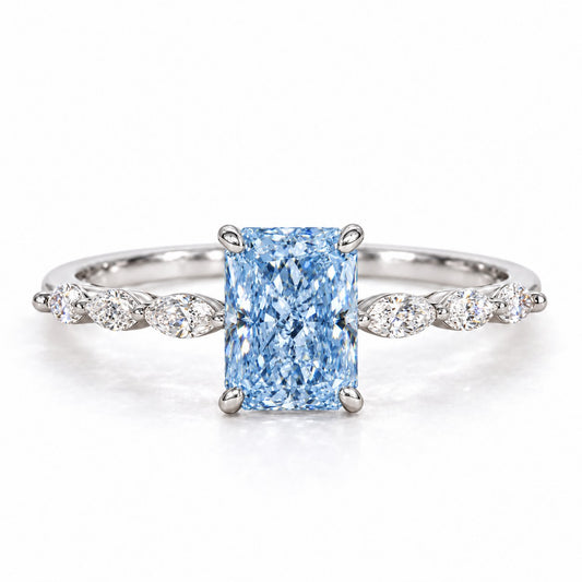 Blue Radiant Cut Lab Grown Diamond Engagement Ring - Navette Band in white gold, front view