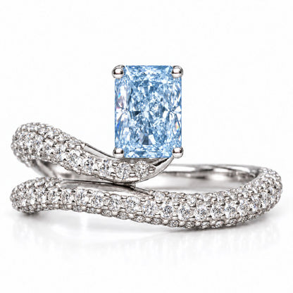 Blue Radiant Cut Lab Grown Diamond Engagement Ring - Pave Wrap Bypass in white gold, front view