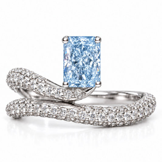 Blue Radiant Cut Lab Grown Diamond Engagement Ring - Pave Wrap Bypass in white gold, front view